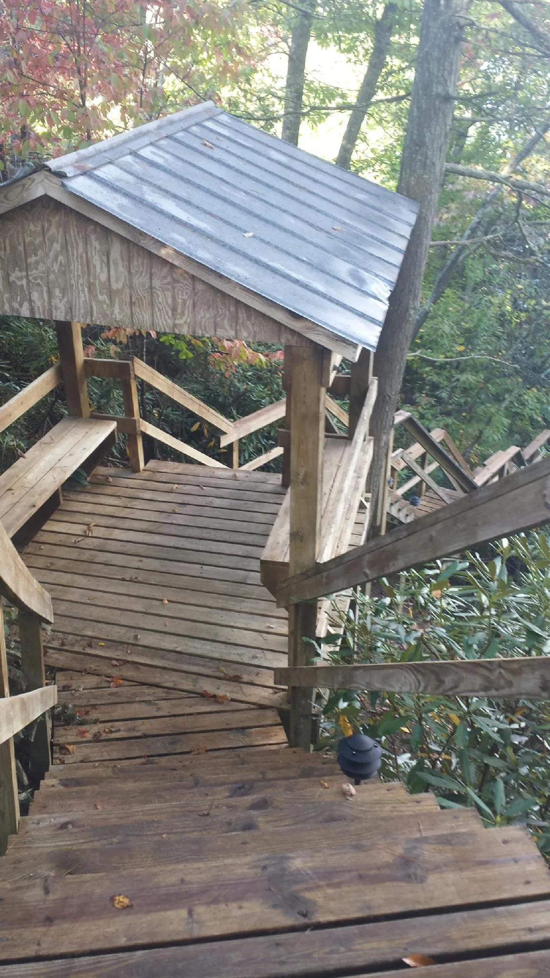 Metal roofed shelter over wooden steps on a wooded walkway — Skylight Repair & Installation work by our crew in Flournoy
